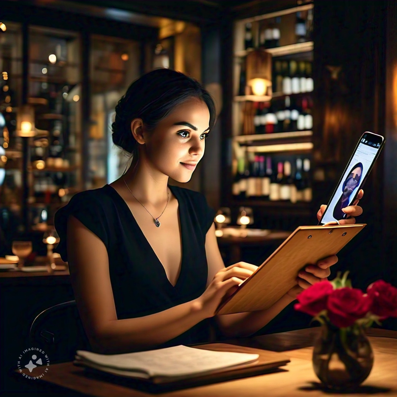 Woman looking at WineGURU in a restaurant.