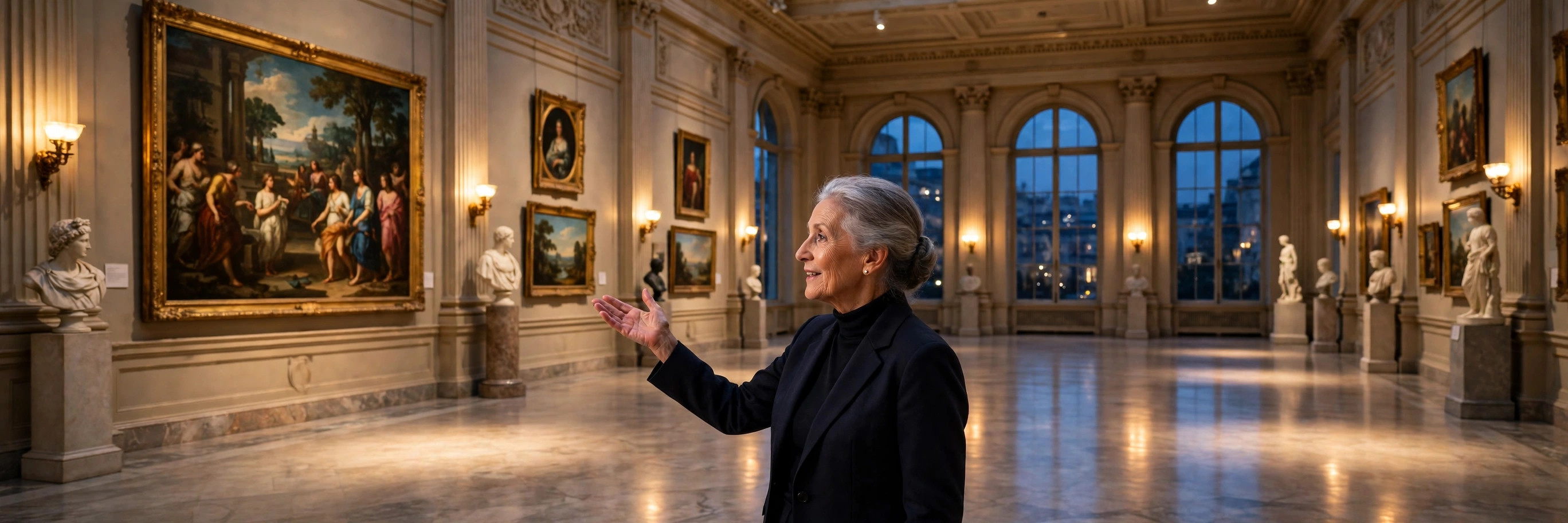 A museum docent in the gallery at dusk — the docent who never sleeps