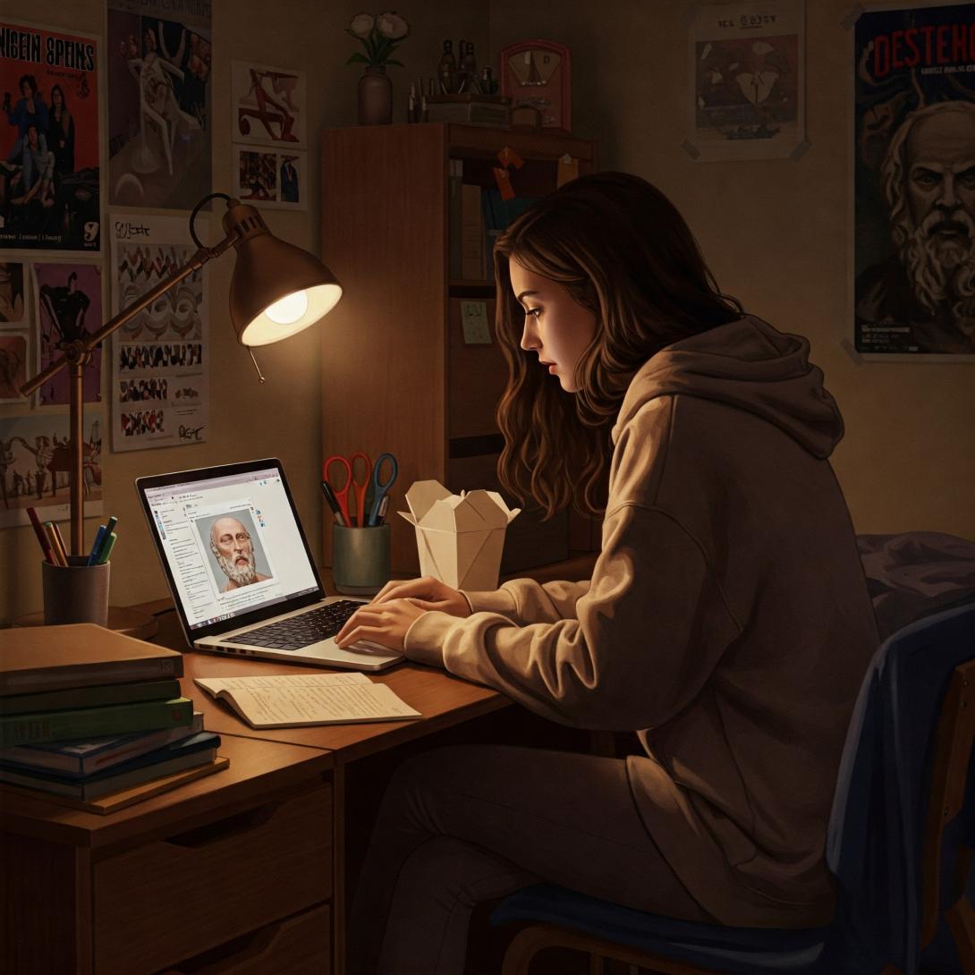 Girl at her desk with a Socrates avatar.